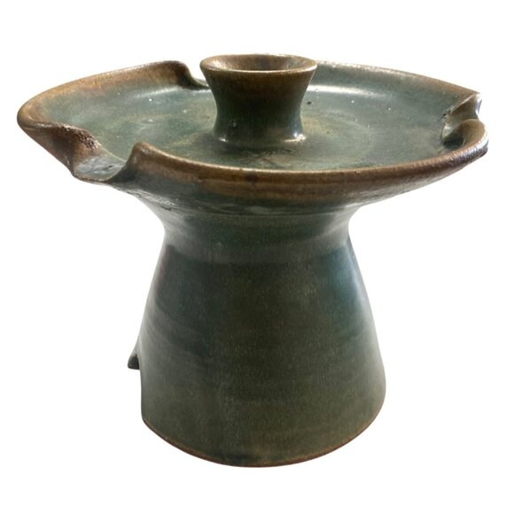 Handcrafted Green Pottery Vase Planter Candle Holder With Unique Scalloped Rim D - Picture 1 of 6